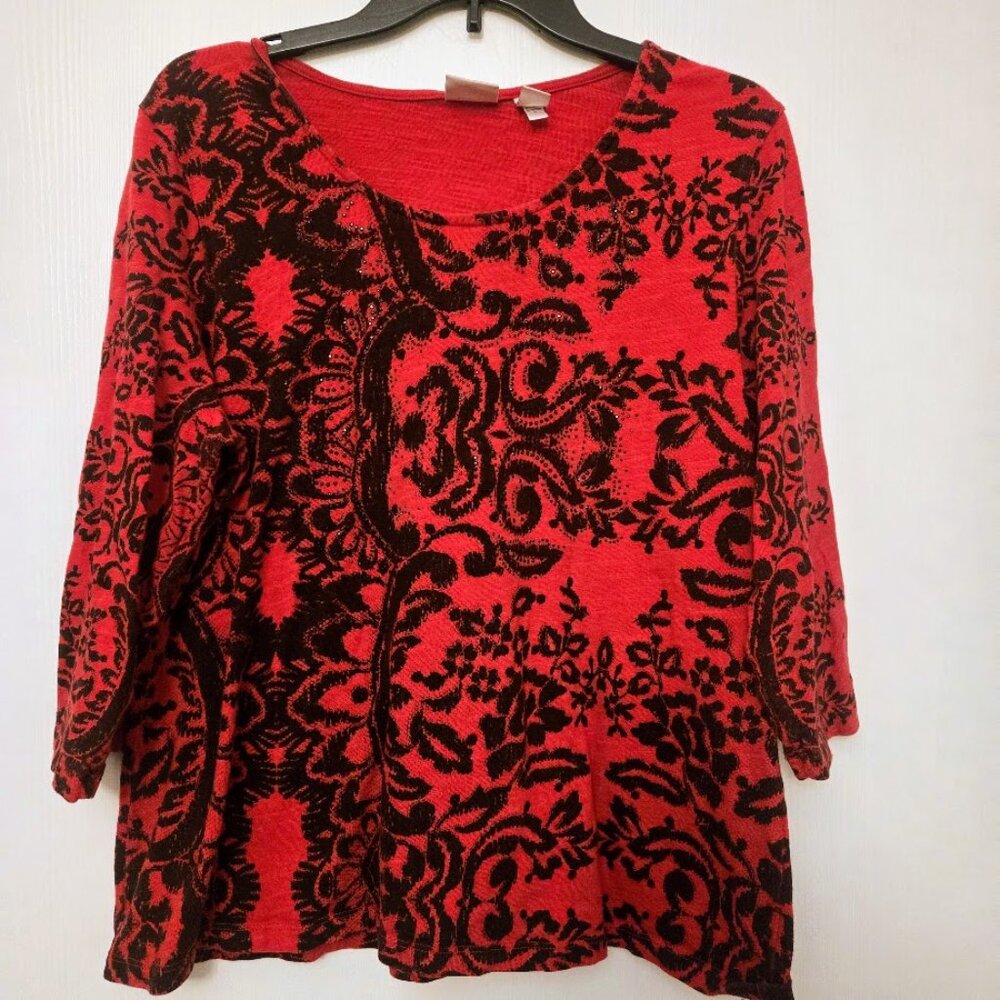 Chico's red paisley 3/4 top with sparkle Size 3/XL‎
